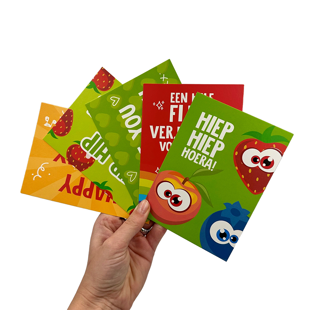 Set van 5 exclusieve Fruitfunk ansichtkaarten